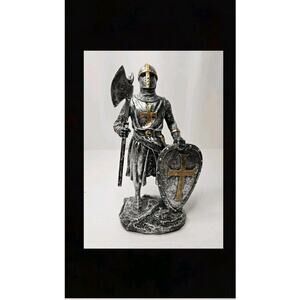 Medieval Suit Of Armor Crusader Knight With Axe And Large Shield Figurine